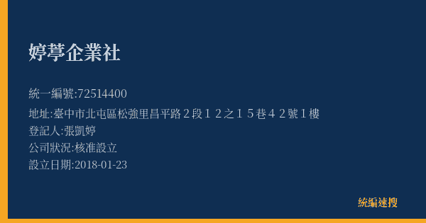 婷葶企業社的照片-統編 72514400(臺中市) 公司登記資料與營業項目詳細圖表