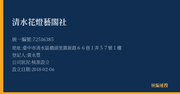 清水花燈藝閣社的照片-統編 72516385(臺中市) 公司登記資料與營業項目詳細圖表