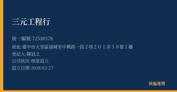 三元工程行的照片-統編 72518378(臺中市) 公司登記資料與營業項目詳細圖表