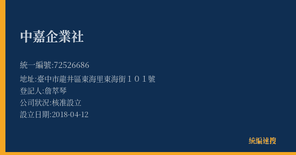 中嘉企業社的照片-統編 72526686(臺中市) 公司登記資料與營業項目詳細圖表