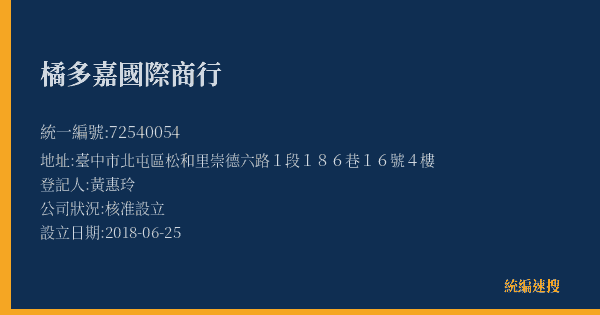 橘多嘉國際商行的照片-統編 72540054(臺中市) 公司登記資料與營業項目詳細圖表