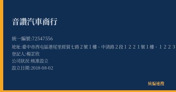 音讚汽車商行的照片-統編 72547556(臺中市) 公司登記資料與營業項目詳細圖表