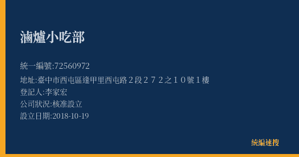 滷爐小吃部的照片-統編 72560972(臺中市) 公司登記資料與營業項目詳細圖表