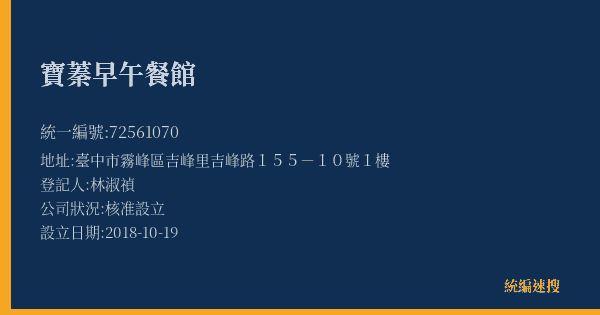 寶蓁早午餐館的照片-統編 72561070(臺中市) 公司登記資料與營業項目詳細圖表