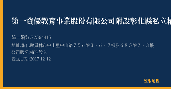 第一資優教育事業股份有限公司附設彰化縣私立權威文理短期補習班的照片-統編 72564415(彰化縣) 公司登記資料與營業項目詳細圖表