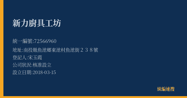 新力廚具工坊的照片-統編 72566960(南投縣) 公司登記資料與營業項目詳細圖表