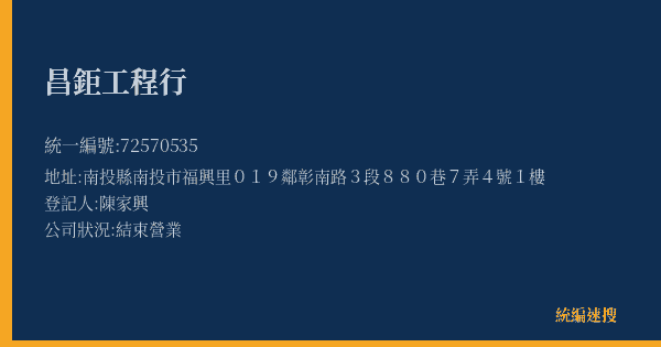 昌鉅工程行的照片-統編 72570535(南投縣) 公司登記資料與營業項目詳細圖表