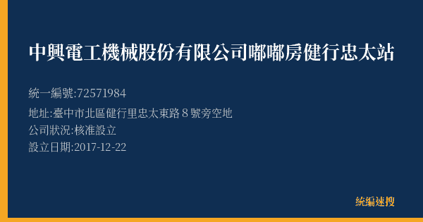 中興電工機械股份有限公司嘟嘟房健行忠太站的照片-統編 72571984(臺中市) 公司登記資料與營業項目詳細圖表