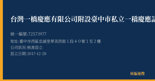 台灣一橋慶應有限公司附設臺中市私立一穚慶應語文短期補習班的照片-統編 72573977(臺中市) 公司登記資料與營業項目詳細圖表