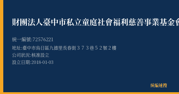 財團法人臺中市私立童庭社會福利慈善事業基金會附設臺中市私立童庭居家式服務類長期照顧服務機構的照片-統編 72576221(臺中市) 公司登記資料與營業項目詳細圖表