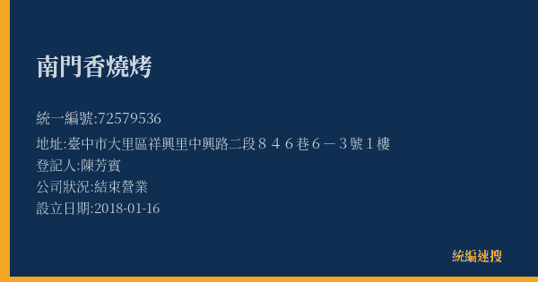 南門香燒烤的照片-統編 72579536(臺中市) 公司登記資料與營業項目詳細圖表