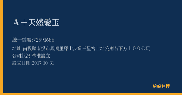 A+天然愛玉的照片-統編 72591686(南投縣) 公司登記資料與營業項目詳細圖表