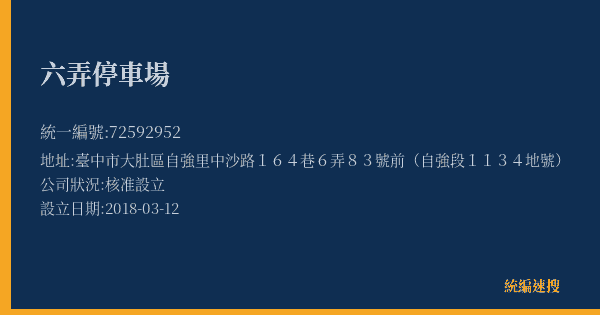 六弄停車場的照片-統編 72592952(臺中市) 公司登記資料與營業項目詳細圖表
