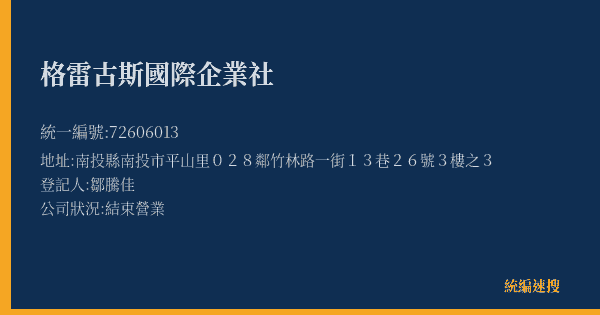 格雷古斯國際企業社的照片-統編 72606013(南投縣) 公司登記資料與營業項目詳細圖表