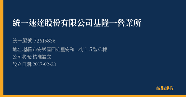 統一速達股份有限公司基隆一營業所的照片-統編 72615836(基隆市) 公司登記資料與營業項目詳細圖表