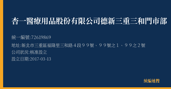 杏一醫療用品股份有限公司德新三重三和門市部的照片-統編 72619869(新北市) 公司登記資料與營業項目詳細圖表