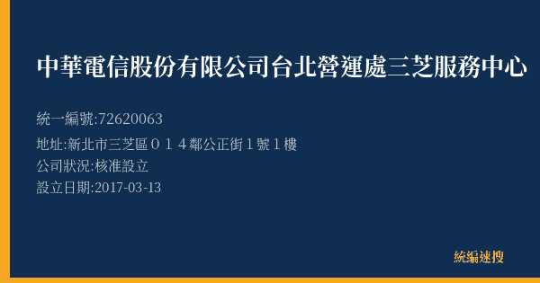 中華電信股份有限公司台北營運處三芝服務中心的照片-統編 72620063(新北市) 公司登記資料與營業項目詳細圖表