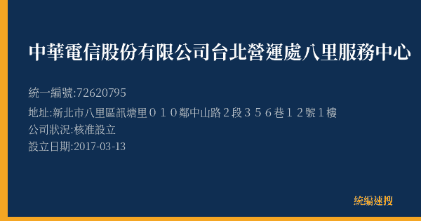 中華電信股份有限公司台北營運處八里服務中心的照片-統編 72620795(新北市) 公司登記資料與營業項目詳細圖表