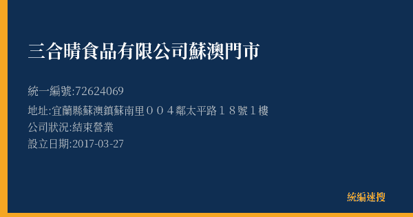 三合晴食品有限公司蘇澳門市的照片-統編 72624069(宜蘭縣) 公司登記資料與營業項目詳細圖表