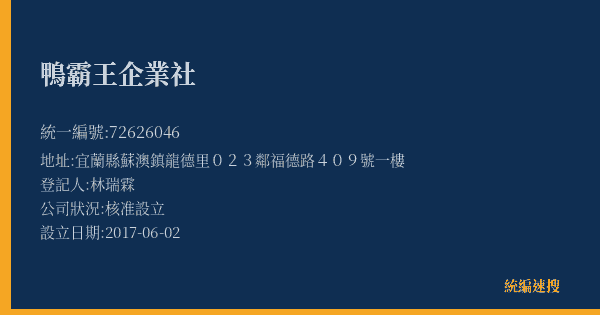 鴨霸王企業社的照片-統編 72626046(宜蘭縣) 公司登記資料與營業項目詳細圖表