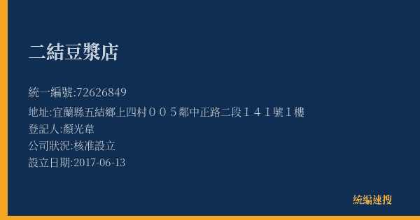 二結豆漿店的照片-統編 72626849(宜蘭縣) 公司登記資料與營業項目詳細圖表