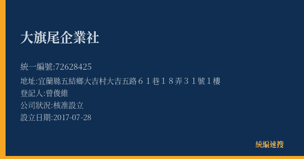 大旗尾企業社的照片-統編 72628425(宜蘭縣) 公司登記資料與營業項目詳細圖表