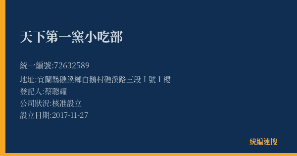 天下第一窯小吃部的照片-統編 72632589(宜蘭縣) 公司登記資料與營業項目詳細圖表