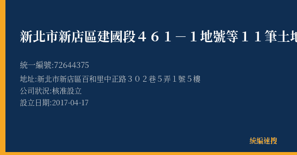 新北市新店區建國段461-1地號等11筆土地都市更新會的照片-統編 72644375(新北市) 公司登記資料與營業項目詳細圖表