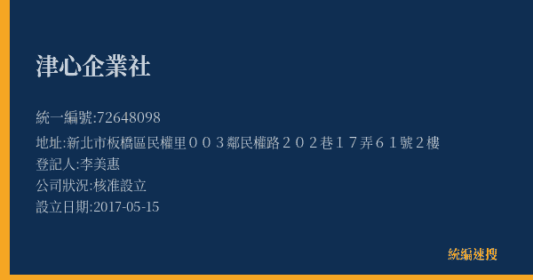 津心企業社的照片-統編 72648098(新北市) 公司登記資料與營業項目詳細圖表