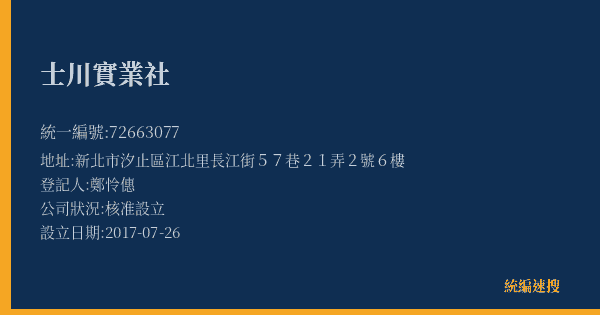 士川實業社的照片-統編 72663077(新北市) 公司登記資料與營業項目詳細圖表