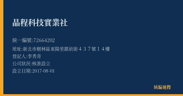 晶程科技實業社的照片-統編 72664202(新北市) 公司登記資料與營業項目詳細圖表