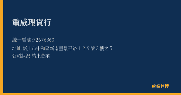 重威理貨行的照片-統編 72676360(新北市) 公司登記資料與營業項目詳細圖表