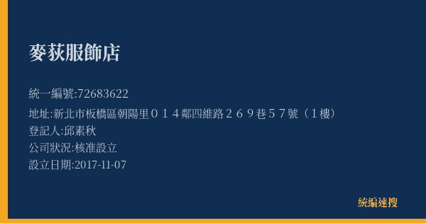 麥荻服飾店的照片-統編 72683622(新北市) 公司登記資料與營業項目詳細圖表