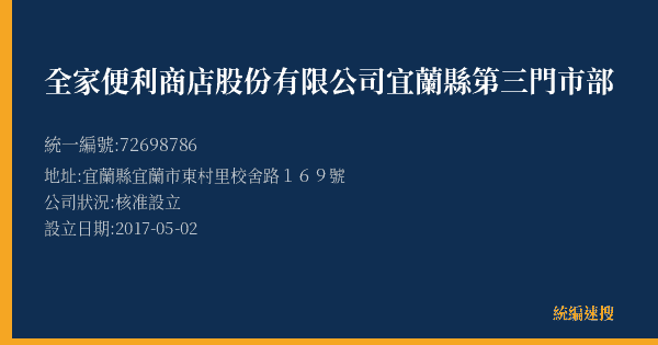 全家便利商店股份有限公司宜蘭縣第三門市部的照片-統編 72698786(宜蘭縣) 公司登記資料與營業項目詳細圖表