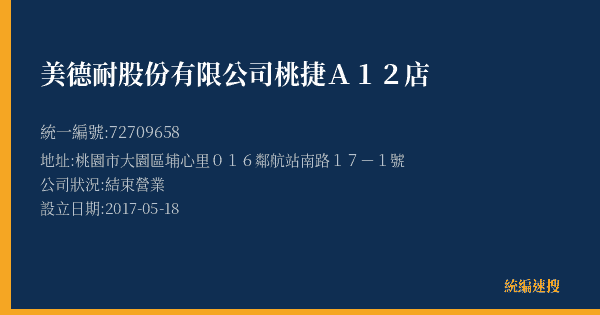 美德耐股份有限公司桃捷A12店的照片-統編 72709658(桃園市) 公司登記資料與營業項目詳細圖表