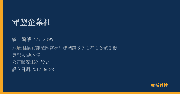 守翌企業社的照片-統編 72712099(桃園市) 公司登記資料與營業項目詳細圖表