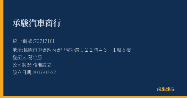 承駿汽車商行的照片-統編 72717101(桃園市) 公司登記資料與營業項目詳細圖表