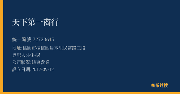 天下第一商行的照片-統編 72723645(桃園市) 公司登記資料與營業項目詳細圖表