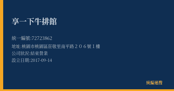享一下牛排館的照片-統編 72723862(桃園市) 公司登記資料與營業項目詳細圖表