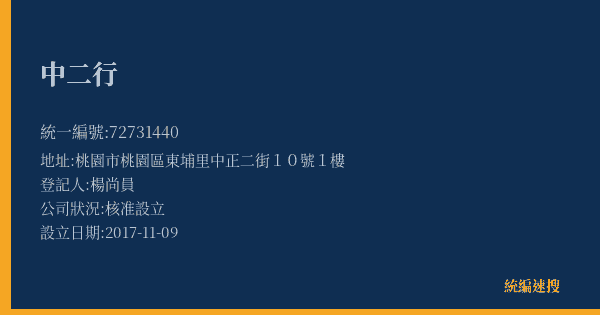 中二行的照片-統編 72731440(桃園市) 公司登記資料與營業項目詳細圖表