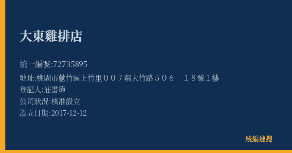 大東雞排店的照片-統編 72735895(桃園市) 公司登記資料與營業項目詳細圖表