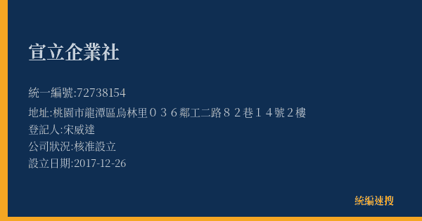 宣立企業社的照片-統編 72738154(桃園市) 公司登記資料與營業項目詳細圖表