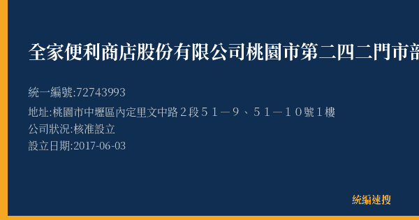全家便利商店股份有限公司桃園市第二四二門市部的照片-統編 72743993(桃園市) 公司登記資料與營業項目詳細圖表