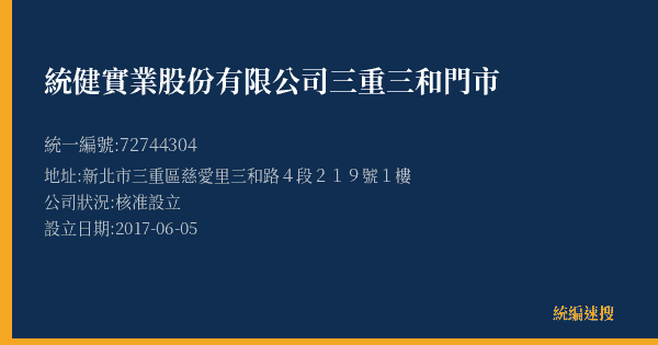 統健實業股份有限公司三重三和門市的照片-統編 72744304(新北市) 公司登記資料與營業項目詳細圖表