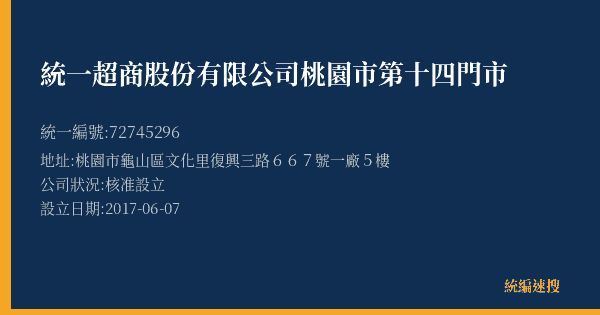 統一超商股份有限公司桃園市第十四門市的照片-統編 72745296(桃園市) 公司登記資料與營業項目詳細圖表