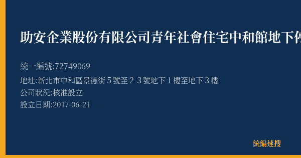 助安企業股份有限公司青年社會住宅中和館地下停車場的照片-統編 72749069(新北市) 公司登記資料與營業項目詳細圖表