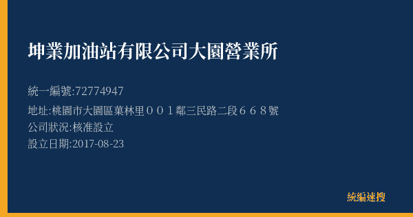 坤業加油站有限公司大園營業所的照片-統編 72774947(桃園市) 公司登記資料與營業項目詳細圖表