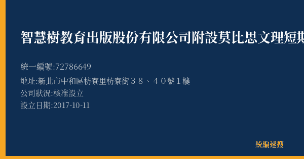 智慧樹教育出版股份有限公司附設莫比思文理短期補習班的照片-統編 72786649(新北市) 公司登記資料與營業項目詳細圖表