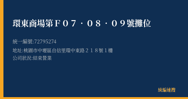 環東商場第F07.08.09號攤位的照片-統編 72795274(桃園市) 公司登記資料與營業項目詳細圖表