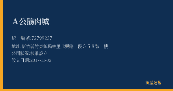 A公鵝肉城的照片-統編 72799237(新竹縣) 公司登記資料與營業項目詳細圖表